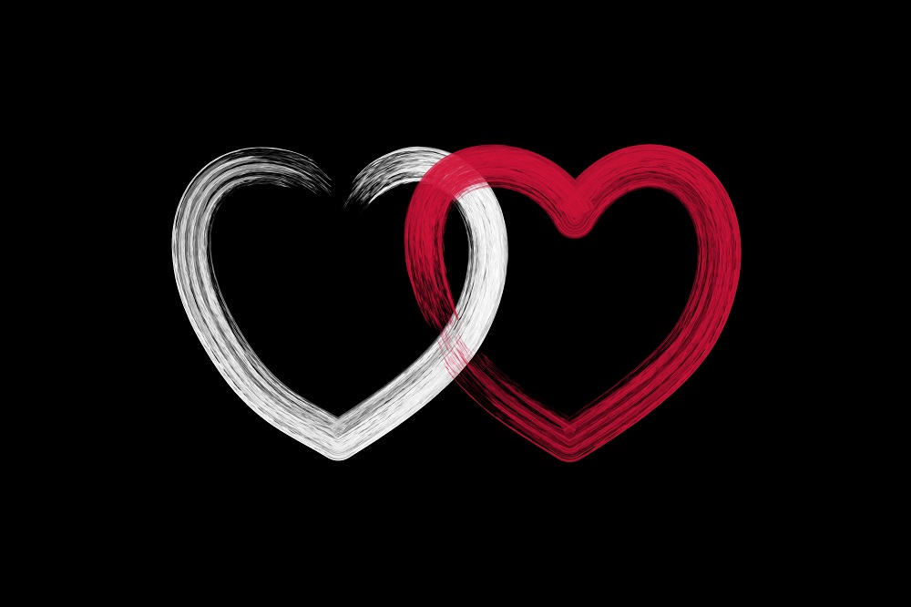 Splecione ze sobą serca - jedno w kolorze biały, a drugie w czerwonym